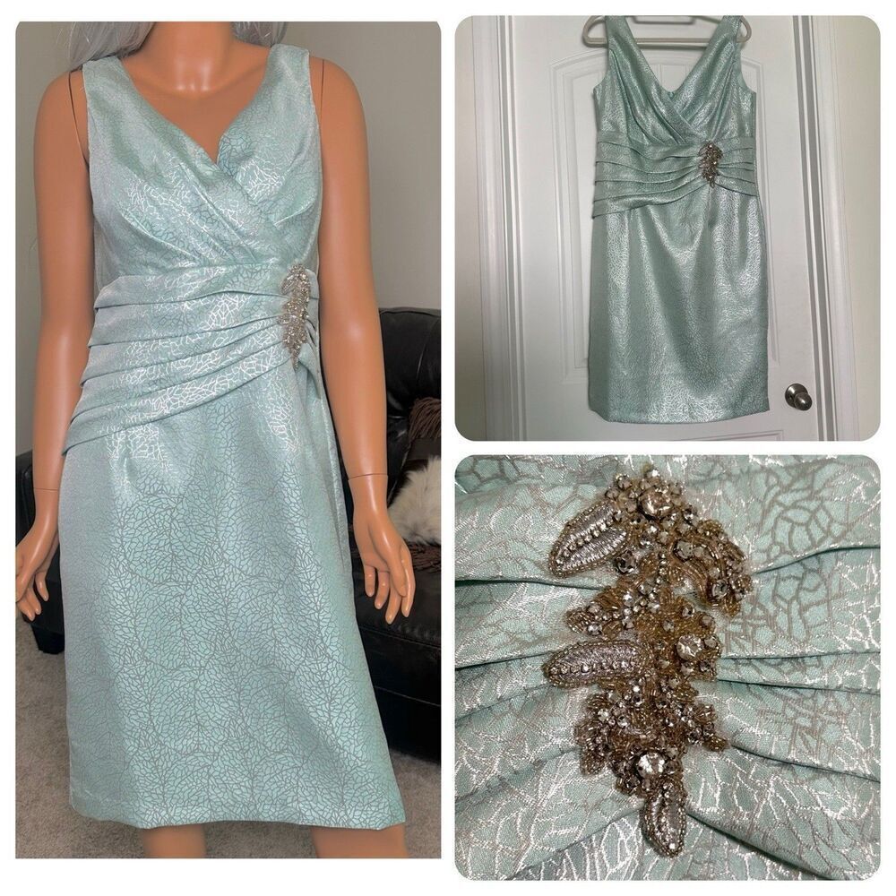 KM Collections Milla Bell‎ Dress Sz 16 Wedding Formal Mint Green Silver Metallic